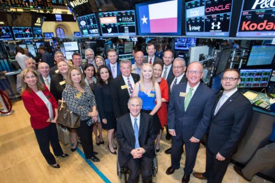 Members of the TexasOne delegation pictured on the floor of the New York Stock Exchange. On July 14, Gov. Abbott rang the NYSE bell to open trading.